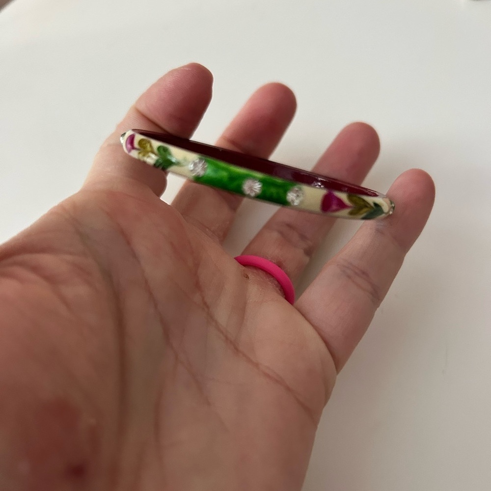 🔥$2 Floral Green and Pink Bangle cloisonné Bracelet 6 inches